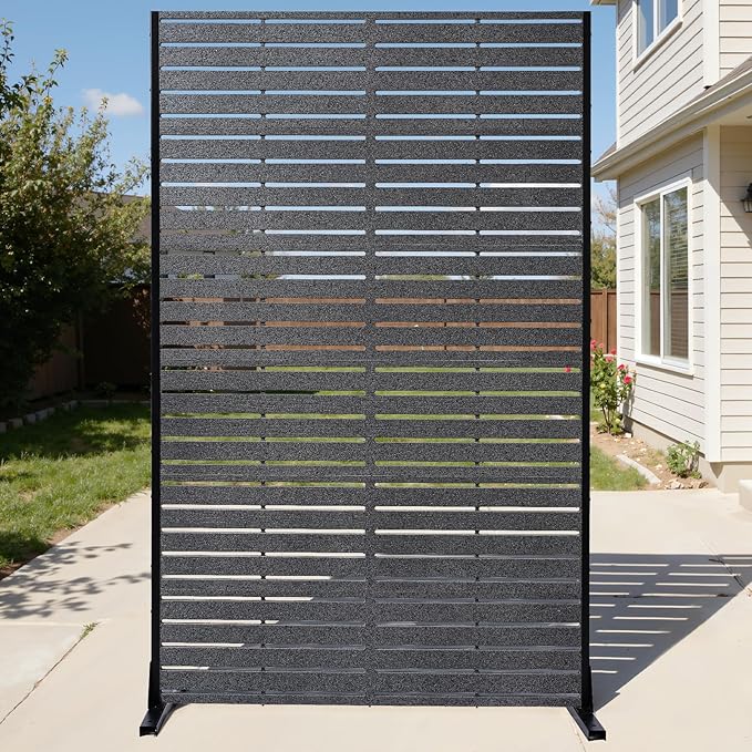 Privacy Screen Outdoor 72" Hx47 W Freestanding Privacy Panel with Stand, HDPE Decorative Privacy Fence with Sandblasting Louver Pattern, Patio Divider Screen, Privacy Screens for Outside