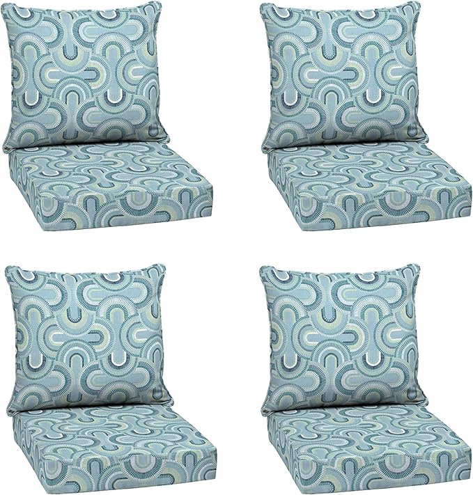 Arden Outdoor Deep Seat Cushion Set (4-Pack), 24 in x 24 in, Weather-Proof, Rain-Proof, Fade Resistant Patio Cushion for Chair, Sofa, and Couch Coastal Blue Geometric