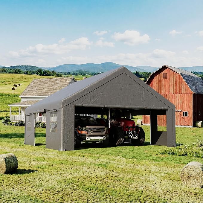 COSIEST 20'×20' Storage Shelter Outdoor Gable Roof Carport with Removable Side Walls, Heavy-Duty Garage Canopy Weatherproof PE Cover, Multi-Purpose Vehicle, Tractor Shed for Backyard, Driveway (Gray)