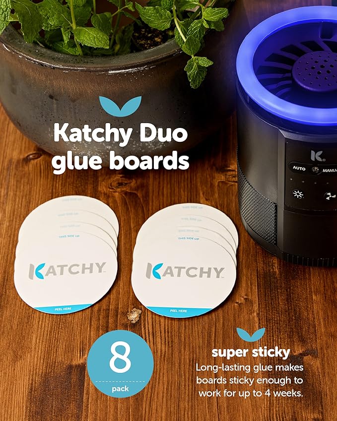 Katchy Duo Glue Board Refills (8 Pack) – Catcher & Killer for Mosquito, Gnat, Moth & Fruit Fly – Indoor Flying Insect Trap Glue Board Refills – Non-Zapper Traps for Buzz-Free Home