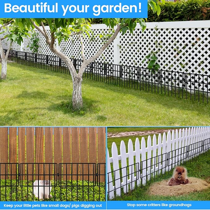 Getlay Garden Fencing Animal Barrier 36ft(L)×16in(H), 32Panels No Dig Fence, 1.5"Gap Underground Critter Barrier for Decks, Pet Dog Digging Fence Barrier. Rust-Proof Metal Black Fence Stakes