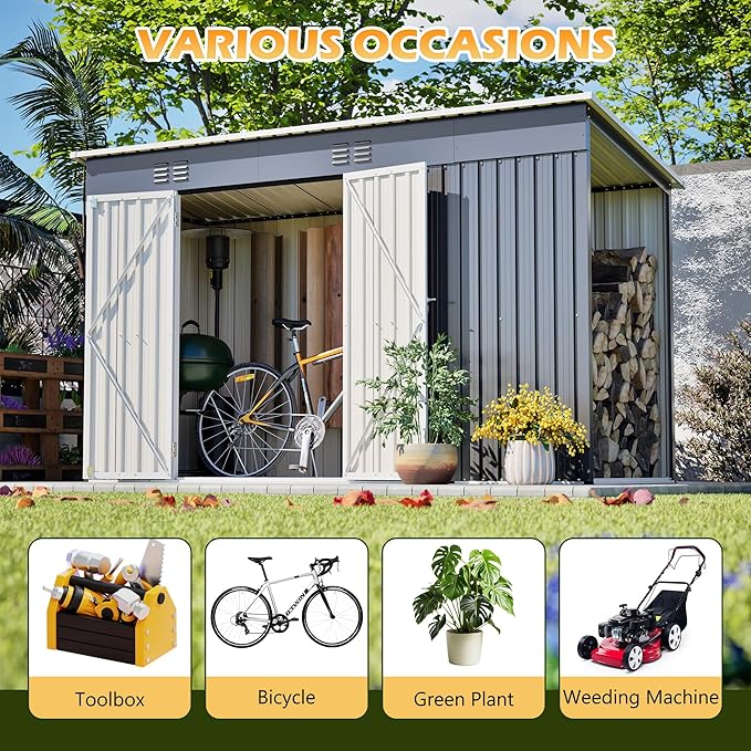 KEIKI Storage Shed 10x4 FT, Large Metal Tool Shed with Woodshed for Outdoor Storage, Galvanized Steel Garden Shed with Lockable Doors for Patio, Backyard, Lawn, Grey
