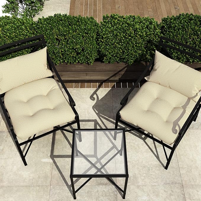 LVTXIII Outdoor Seat Cushions Seasonal Tufted Chair Cushions, Patio Chair Pads for Dining Chairs, Office Armchairs and Garden Furniture Decoration (Round Back, 19”x19”x4”, Stripe Beige, 2 Pack)