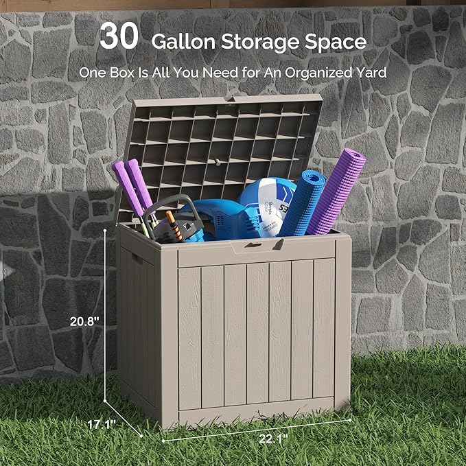 Sersper 30 Gallon Deck Box, Outdoor Lockable Storage Resin Box for Package-Sports Equipment-Garden Tools, Waterproof and UV Resistant Patio Storage Box, Grey