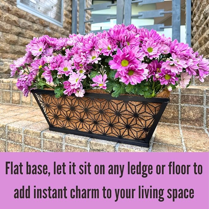 LaLaGreen Window Boxes Planter for Outdoor Plants (4 Pack, 16 Inch) Black Metal Rectangular Flower Pot Wall Planters with Coco Liner Horse Trough Deck Railings Modern Stylish Balcony Fence Porch Patio