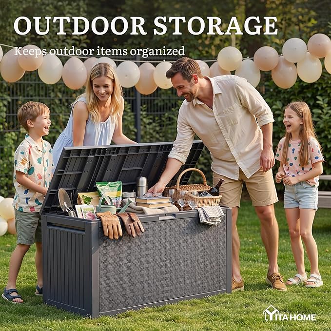 YITAHOME 90 Gallon Outdoor Storage Deck Box, Waterproof Resin Deck Box w/Handles, Lockable Outdside Deck Box for Patio Furniture, Garden Tools, Lockable & UV Resistant(Dark Gray)