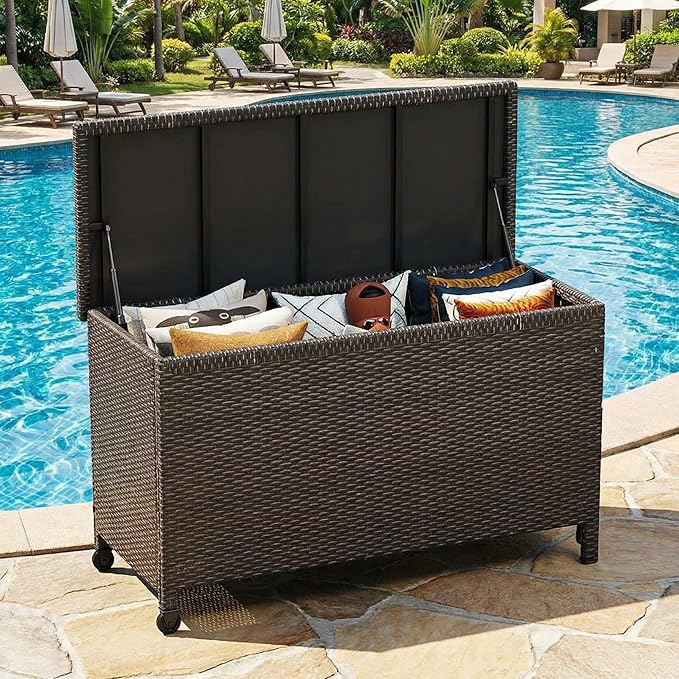 125 Gallon Wicker Deck Box, All-Weather Outdoor Storage Bin with Rattan Finish, for Patio Furniture, Cushions, Pool Supplies & Garden Tools (Brown)