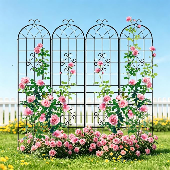 LZRS 4 Pack 78.7x20in Rustic Iron Arch Decoration Garden Trellis with Black Metal Coating – Perfect for Supporting Climbing Plants Outdoor, Roses, Vines, Flowers, and Vegetables.