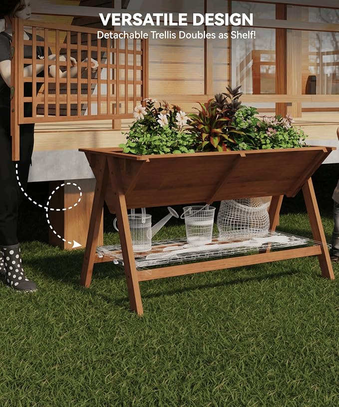 GarveeHome 52x30x54 in Raised Garden Bed with Legs, Elevated Wooden Raised Planter Box with Vine Climbing Trellis Outdoor Standing Growing Bed for Growing Vegetables Flowers Herbs
