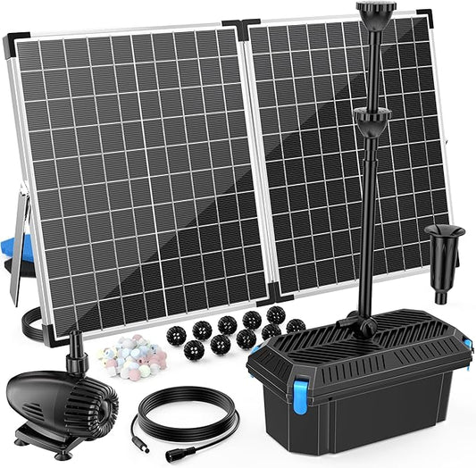 Antfraer 55W Solar Pond Filter, Solar Fountain Pump with Pond Filter Kit Adjustable Flow, Pond Filter Box with Filter Medias for Outdoor Ponds Fish Tank Pool Waterfall Koi Pond Water Features
