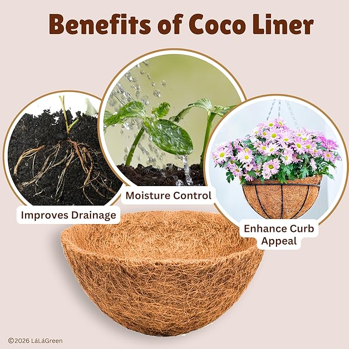 LaLaGreen 10'' (4 Pack, Round) Coco Liners for Hanging Basket – Small Coir Fiber Replacement for Flower Pot, Garden Holder, DIY Outdoor Planter – Multi Sizes 10/12/14/16/18/20 Inch & Different Shapes