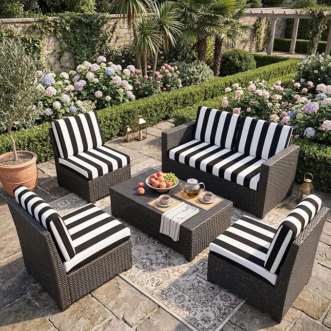 Newwiee 12 Pcs Patio Stretch Outdoor Cushion Covers Sofa Couch Cover Replacement Couch Slipcover Sofa Seat Chair Porch Patio Furniture Protector, Flexibility Washable (Black White,Stripes)