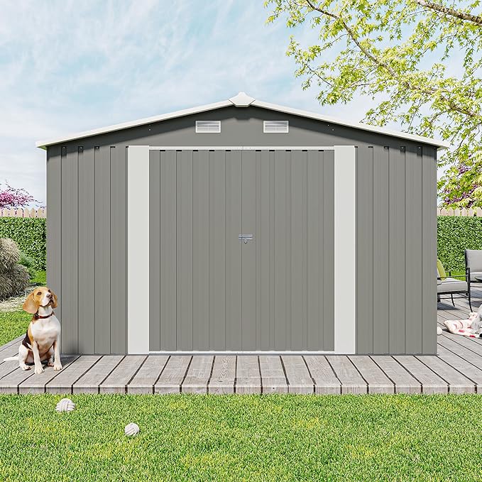YOPTO 10x14 FT Outdoor Storage Shed, Extra Large Metal Garden Shed with Waterproof Roof, 4 Vents and 3 Lockable Doors,All-Weather Tool Shed Storage House for Backyard, Patio, Lawn,Light Grey