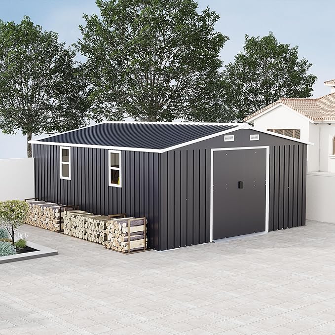 KEIKI 10' x 12' Metal Garden Storage Shed with Foundation Kit, Double Door Outdoor Tool Shed with 2 Windows, Color Steel Construction, Dark Gray