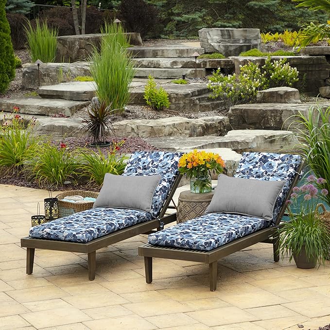 Arden Outdoor Chaise Cushion, 21 in x 72 in, Weather-Proof, Rain-Proof, Fade Resistant Patio Cushion for Chaise Lounger Blue Garden Floral