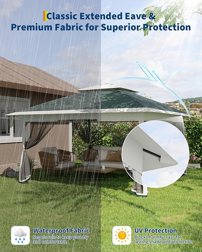 GarveeLife Canopy Tent 13x13 ft, Pop Up Gazebo One-Push Setup with 4 SandBags for Backyard Parties and BBQs, Mosquito Netting & Height Adjustable - Green