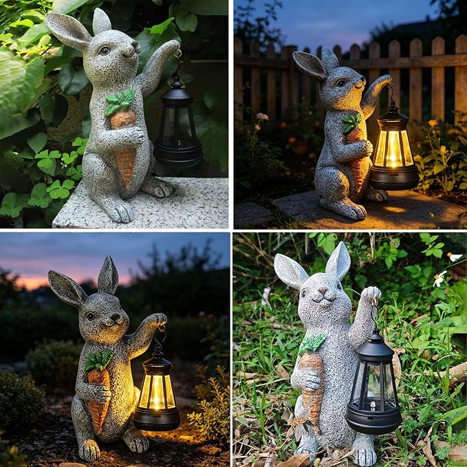 Garden Statues Rabbit Solar Lantern Outdoor Handmade Resin Statue Bunny with Cute Carrot for Patio, Yard, Mother's Day Gift Ideas
