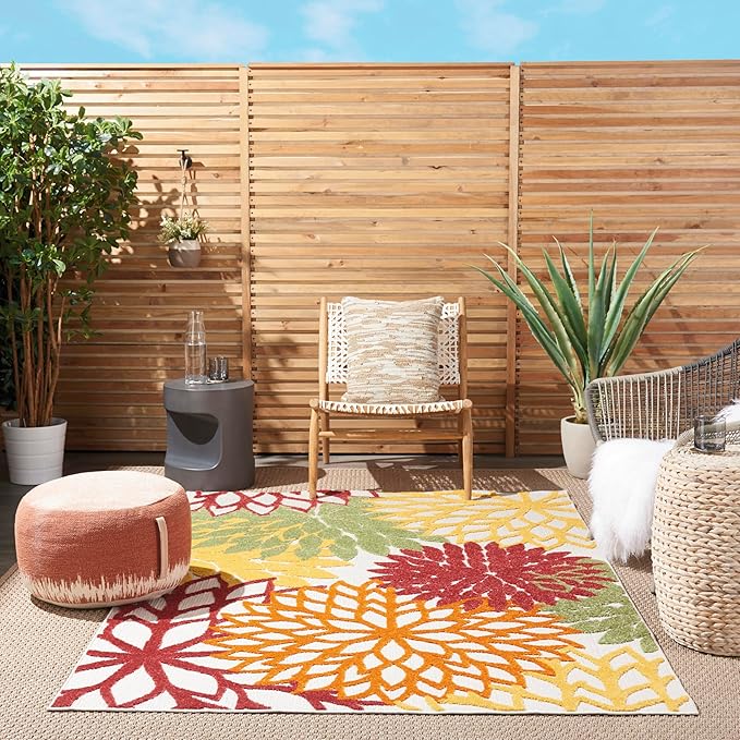 Nourison Home Aloha Indoor/Outdoor Red Multi Colored 6' x 9' Area Rug, Tropical, Botanical, Easy Cleaning, Non Shedding, Bed Room, Living Room, Dining Room, Deck, Backyard, Patio (6x9)