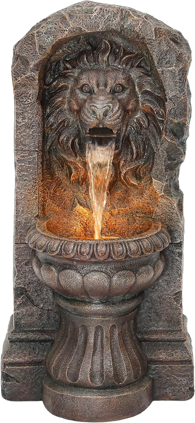 AUTODAYA 30" Majestic Lion Head Outdoor Water Fountain, Rustic Stone Pedestal Cascading Water Feature with Warm LED Lights, Tranquil Oasis for Outside Garden Patio Yard Decor