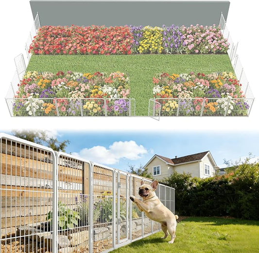 FXW Garden Fence Outdoor for the Yard – 24in(H) x 45.6ft(L) Heavy Duty Metal Animal Barrier for Dog, No Dig Decorative Dog Fence, 24 Panels, White