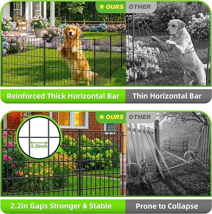 Toolterritary 5 Panels No Dig Decorative Garden Fence, 48in(H) x 12.5ft(L), Dog Fence Outdoor for Yard - Rustproof Metal Animal Barrier Fencing for Patio, Flower Bed, Ideal for Dogs, Rabbits