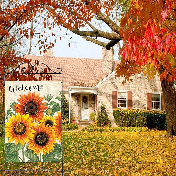Wamika Welcome Sunflower Fall Autumn Maple Leaves Double Sided Burlap Garden Yard Flag 28" x 40",Summer Fall Sunflowers Flower Farmhouse Burlap Decorative Garden Flags Banner for Outdoor Home