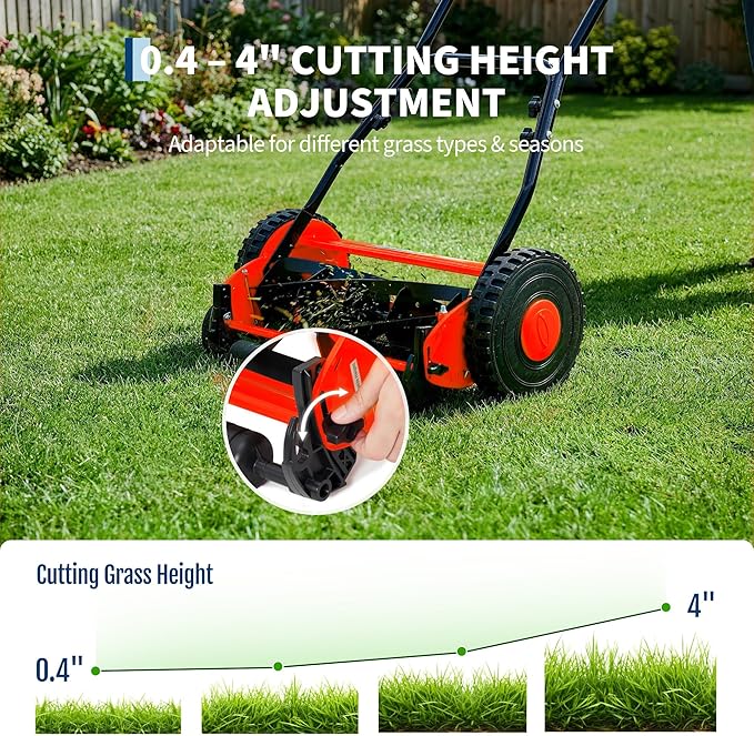 16" 5-Blade Push Reel Lawn Mower, Manual Push Mower with Adjustable Cutting Height, Compact Lawnmower for Small to Medium Yard and Field, Lightweight Hand Reel Push Mower, Red