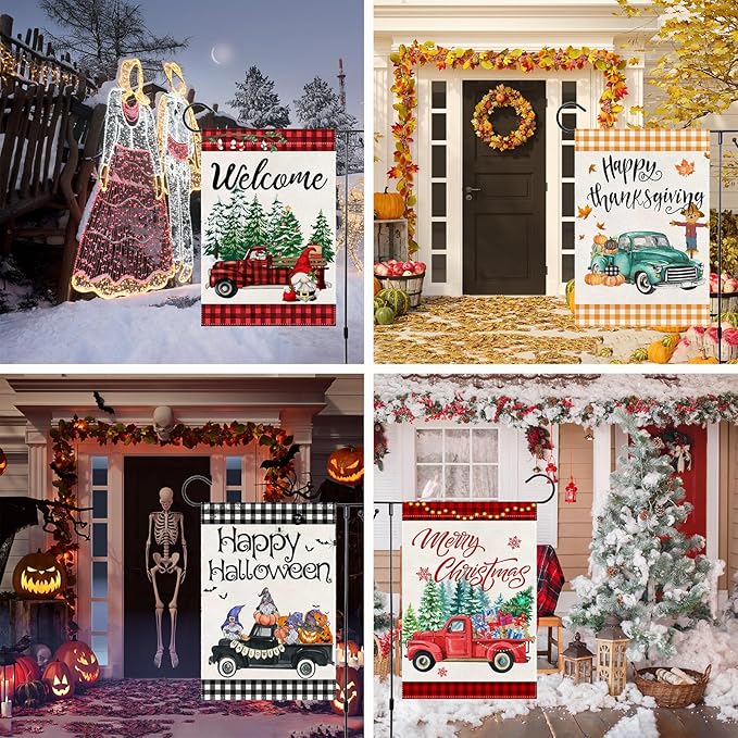 Seasonal Truck Garden Flags Set of 12 Double Sided 12 X 18 Inch Yard Flags Season Truck Garden Flags for Outside,Summer Fall Christmas Seasonal Flags for Outdoor Decorations for All Seasons