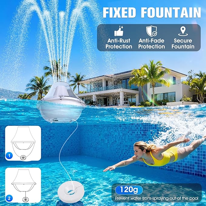 Bubbling Pool Fountain with Lights,Floating Pool Fountains with Anchor,Above Ground Pool Water Fountain Pump,Battery Powered Swimming Pool Floating Fountains for Inground Pool-1PC(White)
