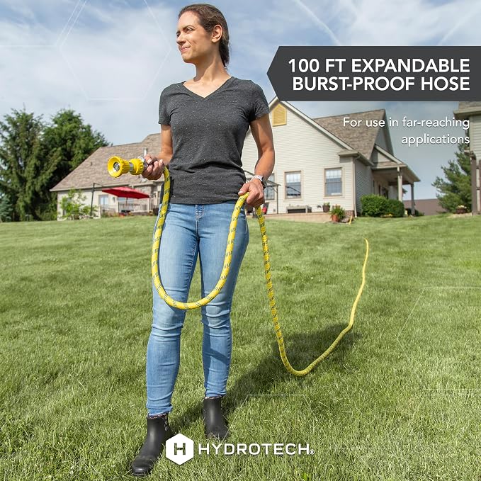 HydroTech 100 ft Expandable Garden Hose - Pro Series, 2x Max Flow, 3/4" No-Kink Flexibility, Lightweight Hose for Lawn, Garden, Car Washing, Deck and Patio Cleaning