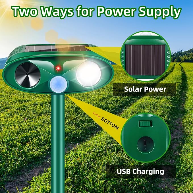 2026 Solar Ultrasonic Animal Repeller Outdoor,Deer Repellent Devices Waterproof with Flashing Light & USB Charging,Motion Activated Deterrent for Stray Cats,Dogs,Squirrels,Rabbits,Racoons for Garden