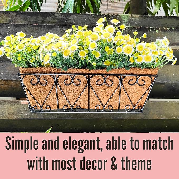 LaLaGreen Bundle- 2-Pack, 12 Inch Semi-Circle Basket with Coco Liner + 2-Pack, 16 Inch Rectangular Basket with Coco Liner, Wall Mount Hanging Flower Pot Plant Holder Rail Fence Balcony Patio Decor