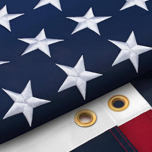 American Flag 8x12 Ft for Outside, Long Lasting, Heavy Duty Nylon, Fade Resistant, High Wind US Outdoor Flags with Embroidered Stars, Sewn Stripes, Brass Grommets