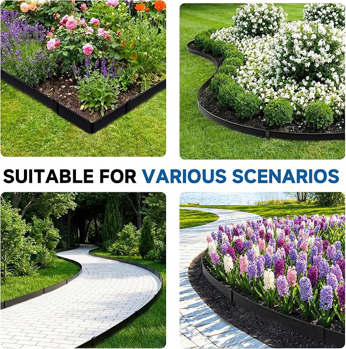20Ft.Galvanized Steel Landscape Edging(6-Pack)-8"x40" Metal Garden Edging,7 Clips&Gloves,Hammer-in,No Dig,Rustproof,for Landscaping,Tree Rings,Garden,Yard&Pathway–Black