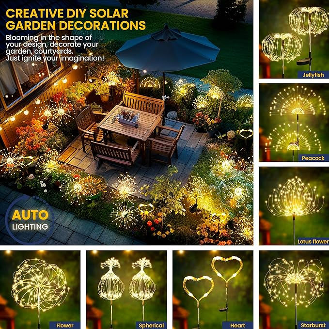 GIGALUMI Garden Decor Outdoor Lights 120LED 2Pack, Solar Garden Lights Outside Fairy Firework Decorative,Solar Powered for Yard Pathway Flowerbed Planter Balcony Patio 4th of July Decor (Warm White