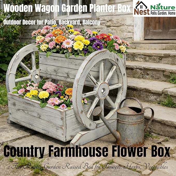 2 Tier Classic Wooden Wagon Planter Box|Outdoor Planter/Flower Pot for Indoor&Outdoor Plants-Rustic Garden Planter for Patio,Porch&Garden Decor- Raised Garden Bed for Succulents,Herbs,Vegetables