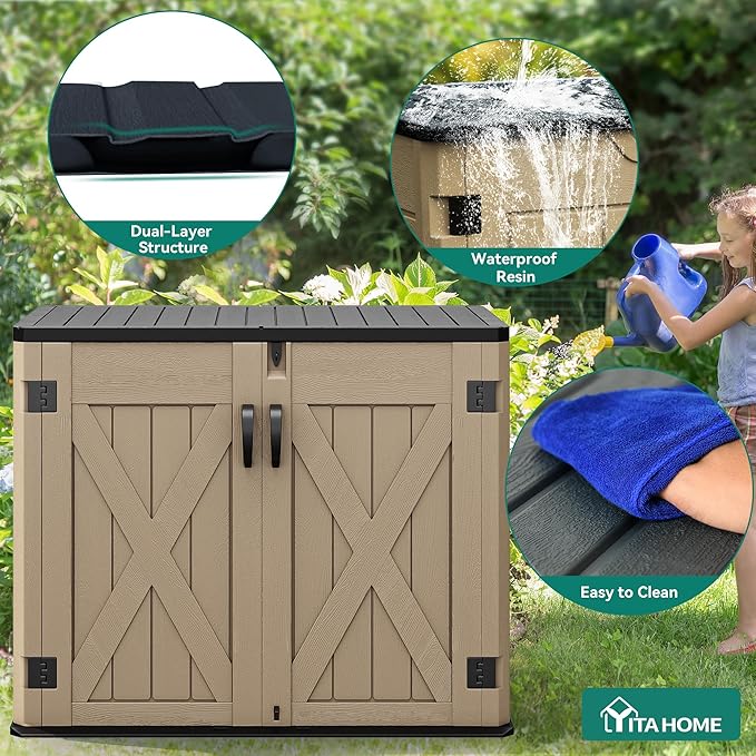 YITAHOME Outdoor Resin Storage Sheds with X-Shaped Lockable Door, 39 in Height Lockable Waterproof Horizontal Shed w/o Shelf, Easy to Assemble Shed Storage for Garden Tools, Brown