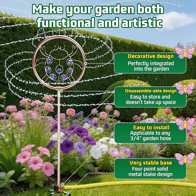 34" Tall Copper-Coated Stainless Steel Garden Sprinkler, 360° Rotating Decorative Ornamental Sprinkler for Lawn, Yard & Landscape Watering (Ladybug)