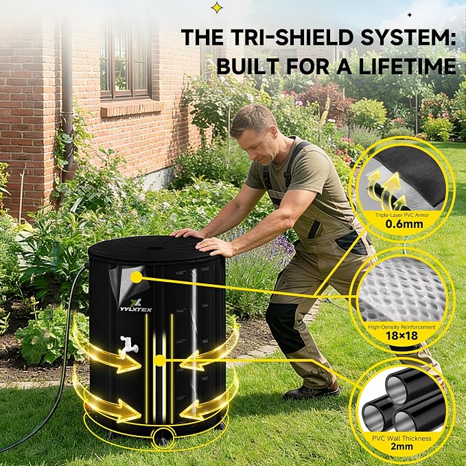 53 Gallon/200L Collapsible RainWater Collection Barrel,Water Tank&Reinforced with 2mm Frame Portable Rain Catcher,Includes Quick-Connect Tap&Sprinkler,Heavy Duty 0.6mm PVC for Long-Lasting Use,Black