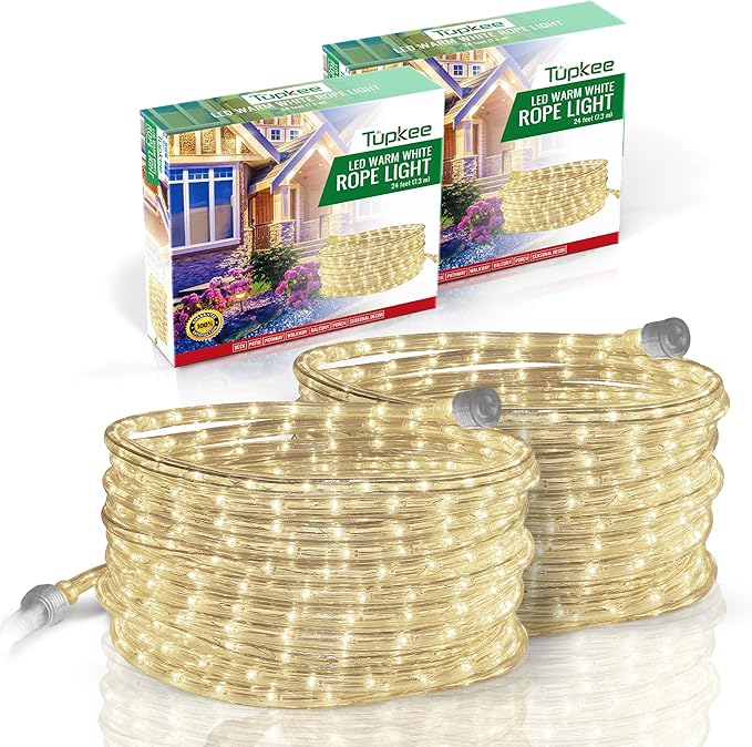 Tupkee LED Rope Light Warm-White - 24 Feet (7.3 m), for Indoor and Outdoor use - 10MM Diameter - 144 LED Long Life Bulbs Decorative Rope Tube Lights - Pack of 2