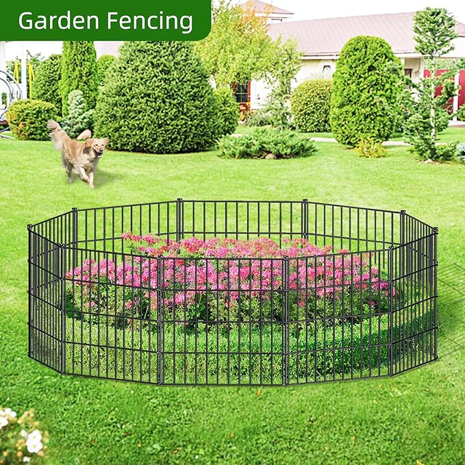 FOREHOGAR Metal Garden Fence 28in (H) x 23.3ft (L), 10 Panels + 11 Stakes Dog Fence Border Fence Animal Barrier, No Dig Garden Fencing for Yard Flower Bed Lawn Patio Outdoor, PIN282810 Black