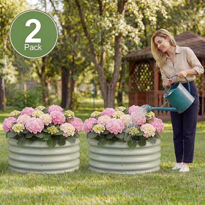 SPONVATT 2Pcs Round Galvanized Raised Garden Bed Kit 24 x 12 Inch Metal Planter Box Outdoor with Safety Rubber Edge Trim Rust Proof Weather Resistant Circular Steel Garden Beds Sage Green 12 Inch Deep