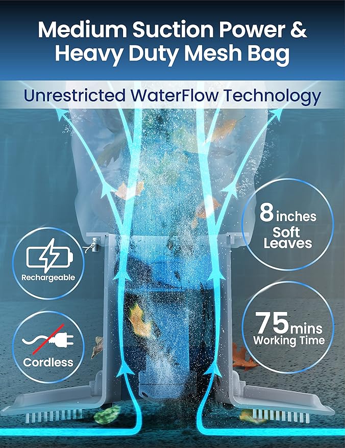 KOKIDO Rechargeable Medium Duty Pool Leaf Vacuum Cleaner with Pole, Runs 75-Mins, for Pool Closing, Oversized Debris Filter, for Debris and Leaves < 6 inches, for Inground and Above Ground Pools XV410