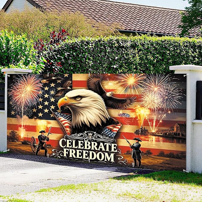 7 * 16FT Summer Garage Door Cover Decorations Sunset Palm Trees Garage Door Banner for Outdoor Indoor Summer Party Photography Backdrop (celebrate freedom, 7 * 16 ft)