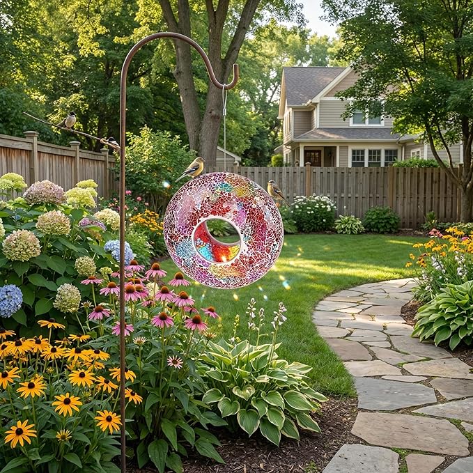 Topadorn 9-Inch Wild Bird Feeder Fly Through Garden Hanging Bird Feeder-Mosaic Round Shape Wild Birdfeeder for Outdoor Decoration, Multicolor