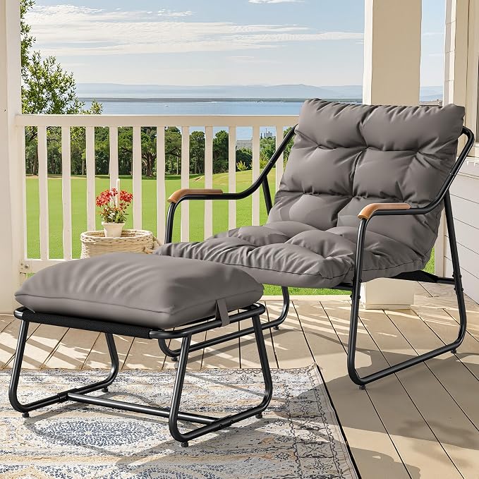 YITAHOME Patio Lounge Chair with Ottoman, Oversized Papasan Chair with Soft Cushion, Indoor/Outdoor Textilene Lounge with Teak Wood Handrail and Footstool for Living Room, Porch, Backyard or Garden