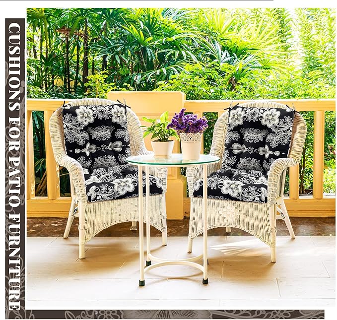 Marsui 4 Pcs Outdoor Indoor High Back Chair Cushions Patio Furniture Tufted Pillow with Ties Water-Resistant Replacement Outdoor Rocking Chair Cushions, 42 x 21 Inches (Black,Flower)