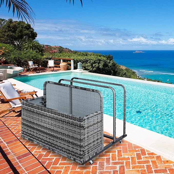Garvee Double Layer Poolside Float Storage Organizer, Outdoor Wicker Pool Storage Bin for Floats & Toys, Rolling Poolside Storage Rack for Pool Toy Noodles Equipment Accessroies