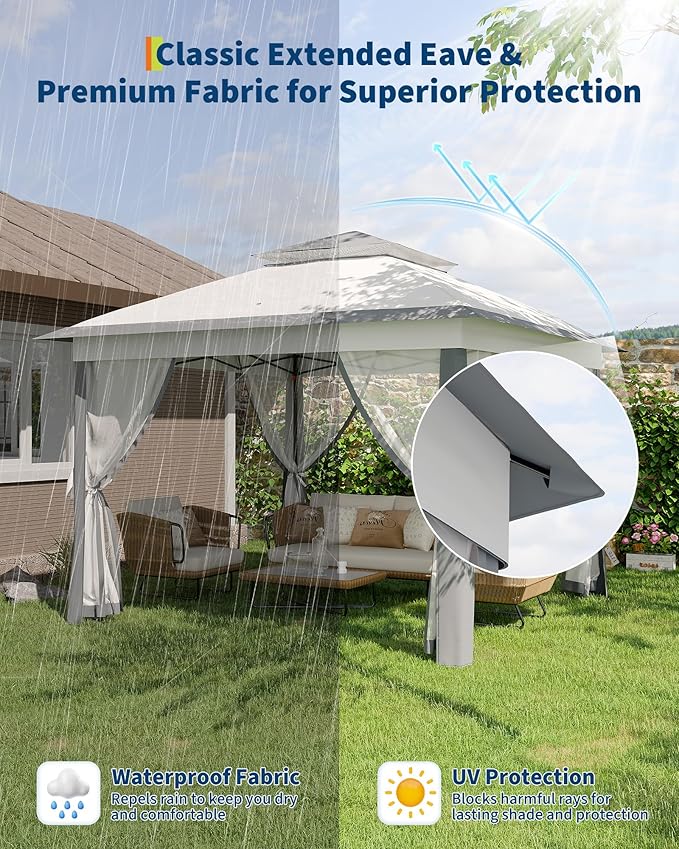 GarveeLife 11'x11 Pop-Up Gazebo, Instant Outdoor Canopy Tent with Mosquito Nettings, Durable Steel Frame, Water, and UV Proof, for Patio, Garden, Courtyard, Party (Grey)