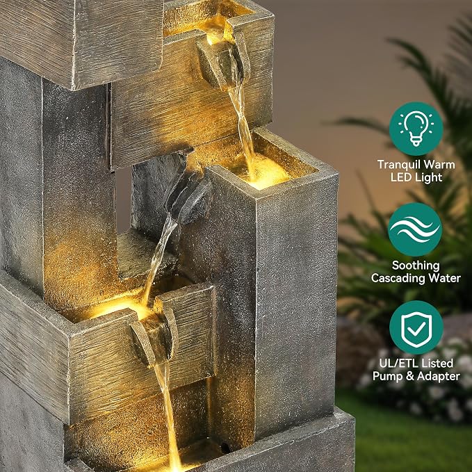 AUTODAYA 32.5" Modern Outdoor Water Fountain with LED Lights, 5-Tier Stacked Blocks Garden Fountain Cascading Waterfall Feature for Relaxing Garden, Patio, Backyard, Deck, Porch or Home Décor